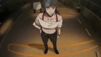 A Woman With Blue Hair Is Standing In A Parking Garage GIF