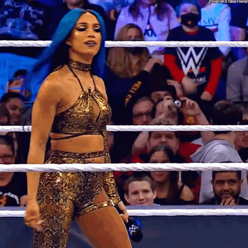 A Woman With Blue Hair Is Standing In A Wrestling Ring In Front Of A Crowd Of People . GIF