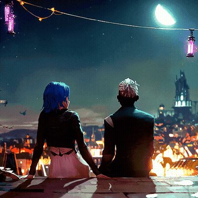A Woman With Blue Hair Sits Next To A Man With White Hair GIF