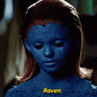 A Woman With Blue Paint On Her Face Says " Raven " In Yellow Letters GIF
