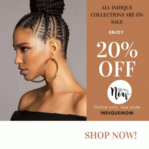 A Woman With Braids And Hoop Earrings Is On A 20 % Off Sale Advertisement GIF