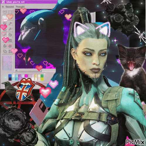 A Woman With Cat Ears Is Surrounded By A Cat And A Computer Screen That Says When You 'Re Not GIF