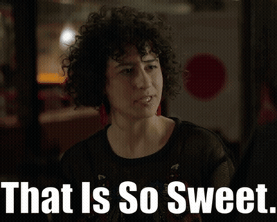 A Woman With Curly Hair And The Words That Is So Sweet On The Bottom GIF
