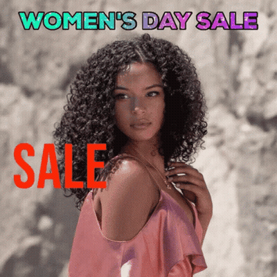 A Woman With Curly Hair Is On A Women 'S Day Sale Advertisement GIF