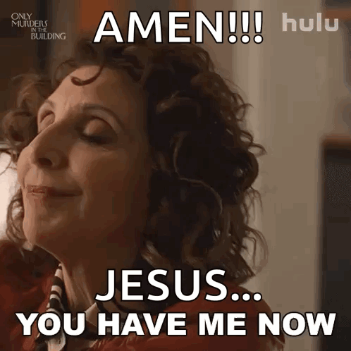 A Woman With Curly Hair Is Saying Amen Jesus You Have Me Now . GIF