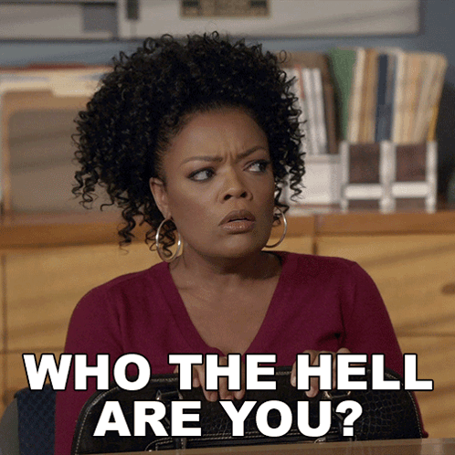 A Woman With Curly Hair Is Sitting At A Desk With The Words Who The Hell Are You Behind Her GIF