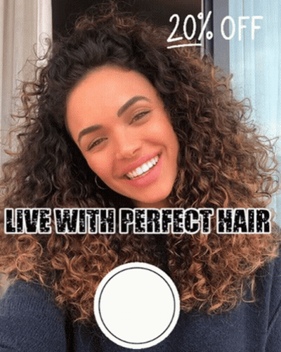 A Woman With Curly Hair Is Smiling With The Words " Live With Perfect Hair " Below Her GIF