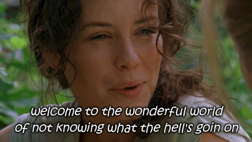 A Woman With Curly Hair Is Smiling With The Words Welcome To The Wonderful World Of Not Knowing What The Hell 'S Goin On GIF