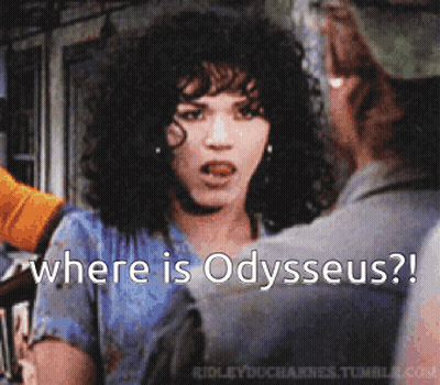 A Woman With Curly Hair Is Talking To A Man And The Caption Says Where Is Odysseus GIF