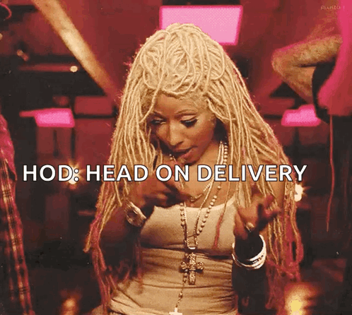A Woman With Dreadlocks Is Dancing With The Words Hod Head On Delivery Above Her GIF