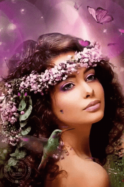 a woman with flowers in her hair and a hummingbird on her shoulder .