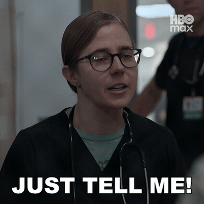 A Woman With Glasses And A Stethoscope Around Her Neck Says Just Tell Me GIF