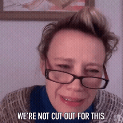 A Woman With Glasses Is Crying And Says We 'Re Not Cut Out For This GIF
