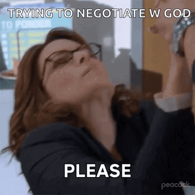 A Woman With Glasses Is Saying Please While Looking Up At Something GIF