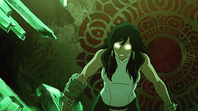 A Woman With Glowing Eyes Is Standing In Front Of A Circular Pattern GIF