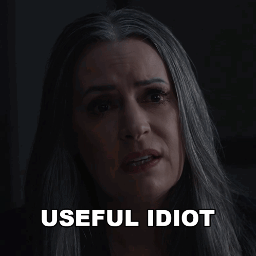 A Woman With Gray Hair Says Useful Idiot In Front Of Her Face GIF