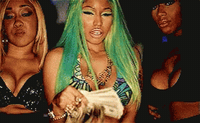 A Woman With Green Hair Is Holding A Stack Of Money GIF