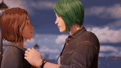 A Woman With Green Hair Is Holding Another Woman 'S Arm GIF