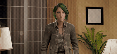 A Woman With Green Hair Is In A Living Room GIF