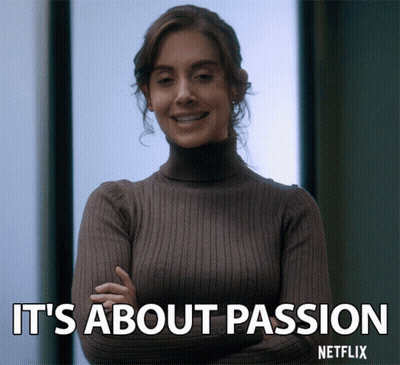 A Woman With Her Arms Crossed And The Words It 'S About Passion Written Below Her GIF