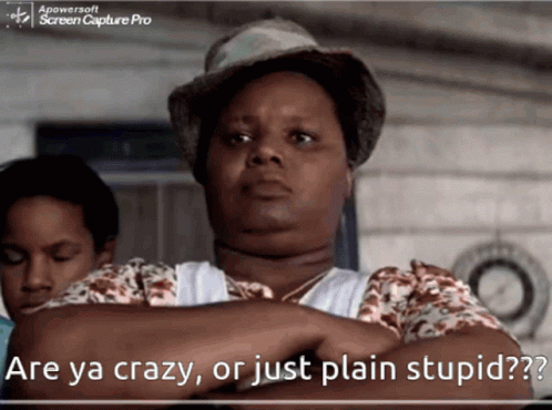 A Woman With Her Arms Crossed Has The Words Are Ya Crazy Or Just Plain Stupid Written Below Her GIF