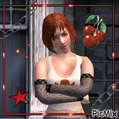 A Woman With Her Arms Crossed Is Surrounded By Chains And Cherries And Says Picmix On The Bottom GIF