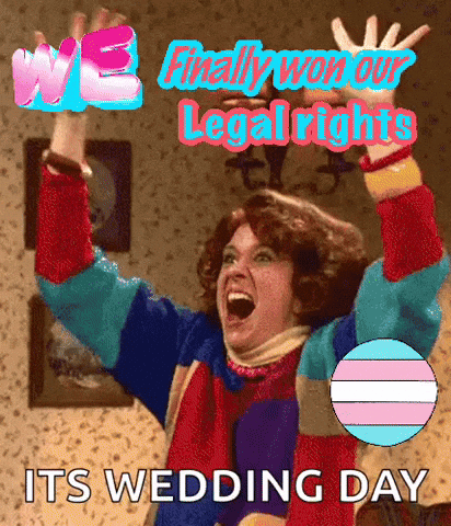 A Woman With Her Arms In The Air And The Words " We Finally Won Our Legal Rights " GIF