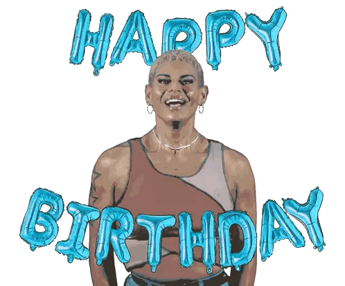 A Woman With Her Arms Outstretched Is Surrounded By Blue Balloons That Say Happy Birthday Sticker