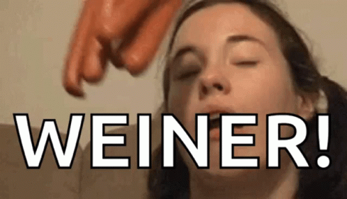 A Woman With Her Eyes Closed Is Holding A Sausage In Her Mouth With The Words Weiner Written Below Her GIF