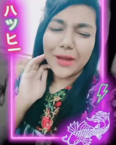 A Woman With Her Eyes Closed Is In A Neon Frame With A Dragon And Lightning Bolt GIF