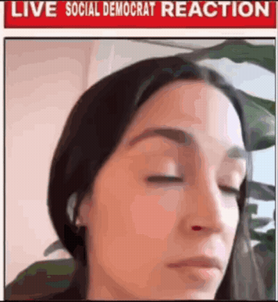 A Woman With Her Eyes Closed Is In Front Of A Sign That Says Live Social Democrat Reaction . GIF