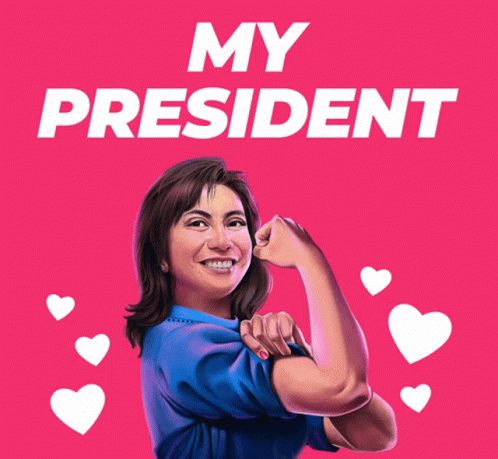 A Woman With Her Fist In The Air Is Surrounded By Hearts And Says My President GIF