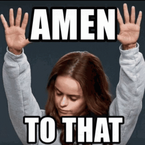 A Woman With Her Hands In The Air With The Words Amen To That Above Her GIF