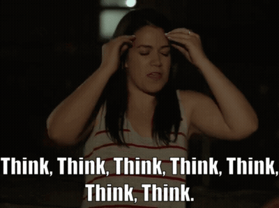 A Woman With Her Hands On Her Head Says Think Think Think Think Think Think Think Think Think GIF