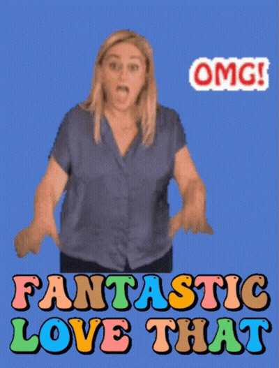 A Woman With Her Hands Up And The Words Fantastic Love That Behind Her GIF