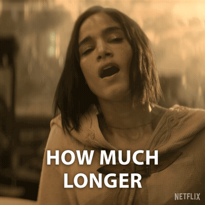 A Woman With Her Mouth Open And The Words How Much Longer GIF
