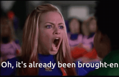 A Woman With Her Mouth Open And The Words Oh It 'S Already Been Brought-En Below Her GIF