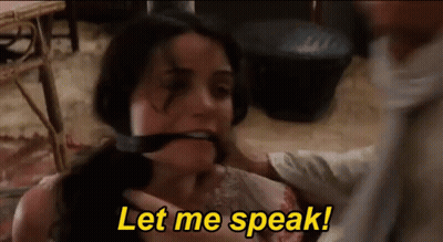A Woman With Her Mouth Tied And The Words Let Me Speak Written Above Her GIF