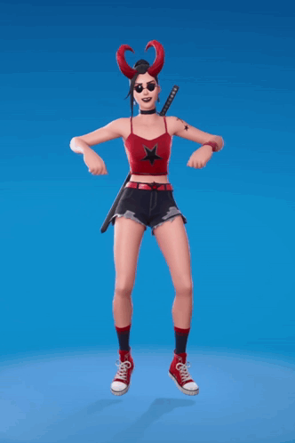 A Woman With Horns And A Sword Is Wearing A Red Top And Shorts GIF