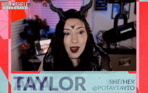 A Woman With Horns And The Name Taylor On A Screen GIF
