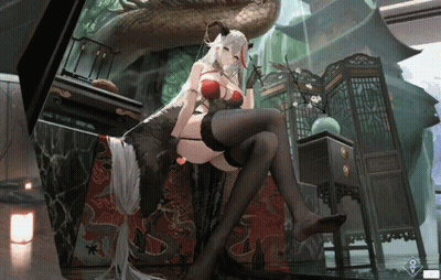 A Woman With Horns Is Sitting On A Couch In A Room GIF