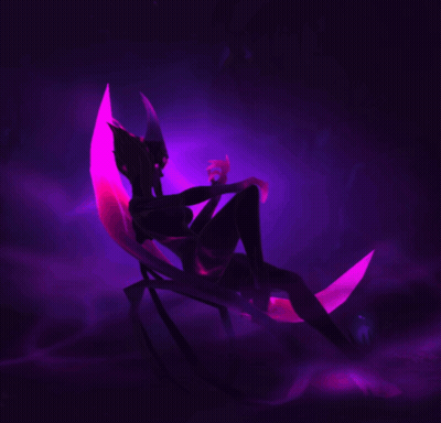A Woman With Horns Is Sitting On A Spider With Purple Lights Behind Her GIF