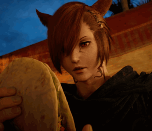 A Woman With Horns On Her Head Is Holding A Taco In Front Of Her Face GIF