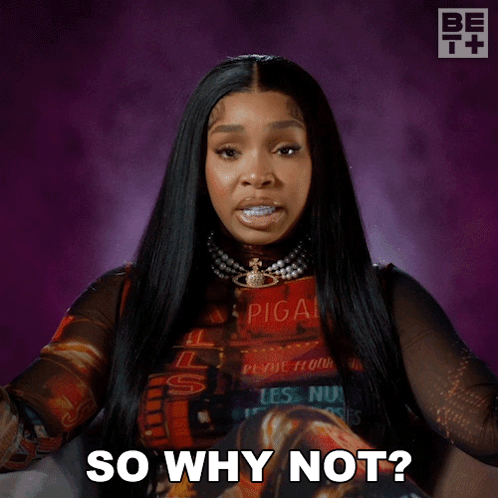 A Woman With Long Black Hair And A Necklace Says So Why Not GIF