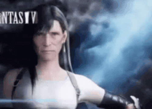A Woman With Long Black Hair Is Holding A Sword In Front Of A Cloudy Sky . GIF