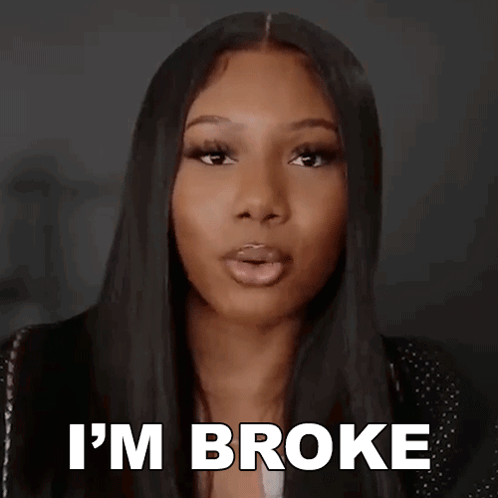 A Woman With Long Black Hair Is Making A Funny Face And Saying `` I 'M Broke '' . GIF