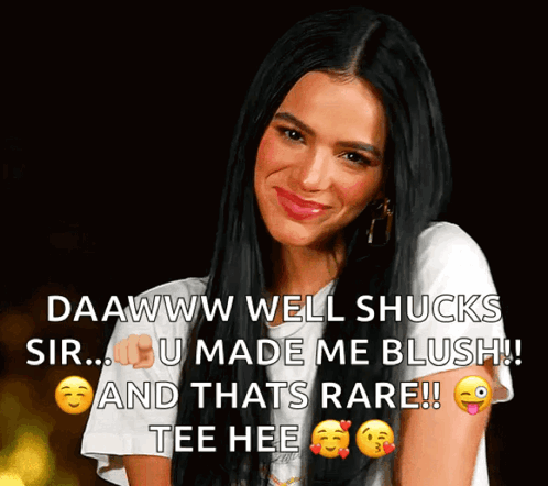 A Woman With Long Black Hair Is Smiling With A Caption That Says Daawww Well Shucks Sir GIF