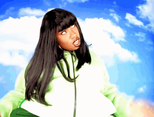 A Woman With Long Black Hair Is Wearing A Green Hoodie GIF