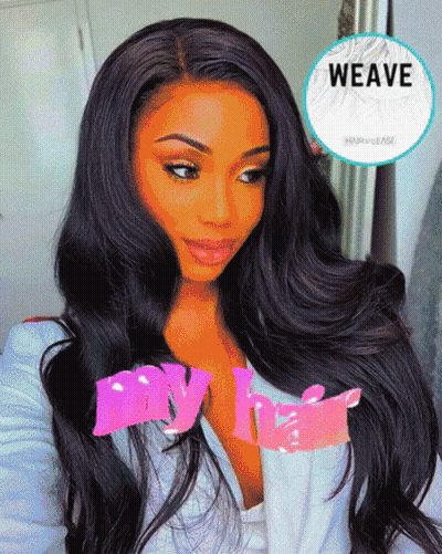 A Woman With Long Black Hair Is Wearing A White Sweater And A Pink Ribbon With The Word Weave On It GIF