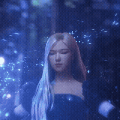 A Woman With Long Blonde Hair Is Standing In A Dark Room With A Blue Background . GIF